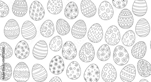 Intricate black and white line art pattern featuring various decorated Easter eggs with different designs and textures.