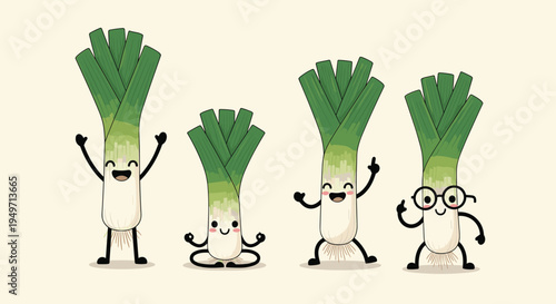 Set of four fun leek characters with various poses and expressions including one wearing glasses and another meditating.