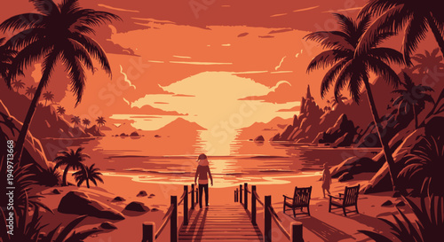 Santa beach vector illustration of Christmas holiday at sunset