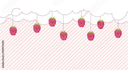 Festive garland of cute smiling raspberry characters hanging from a wavy line above a pink and white diagonal stripe pattern.