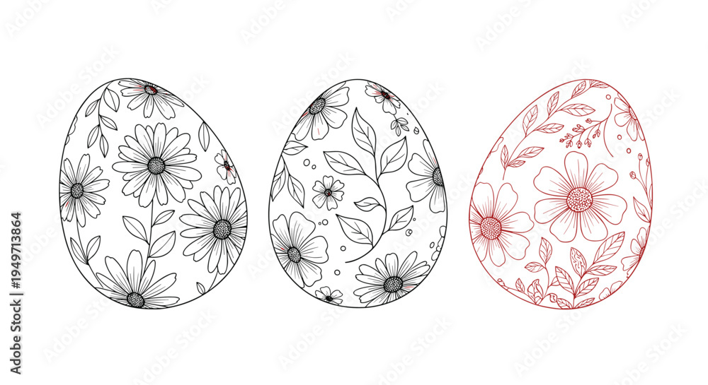 Fototapeta premium Detailed hand-drawn floral patterns on three Easter eggs arranged in a row for seasonal holiday celebration and decoration.