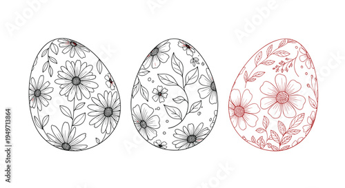Detailed hand-drawn floral patterns on three Easter eggs arranged in a row for seasonal holiday celebration and decoration.