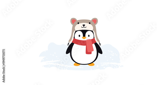 Adorable penguin character wearing a cozy bear-shaped hat and a red scarf standing on a snowy ground in winter season.