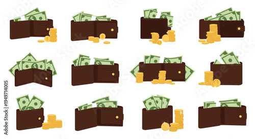 Collection of brown leather wallets in various positions filled with paper money and surrounded by stacks of gold coins.