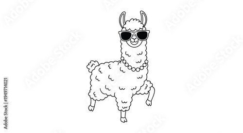 Black and white line art of a cool llama wearing sunglasses and a beaded necklace for character design or coloring page.