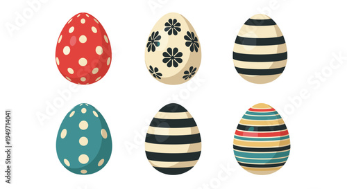 Set of six Easter eggs with various colorful patterns including dots, stripes, and flowers for spring holiday decorations.