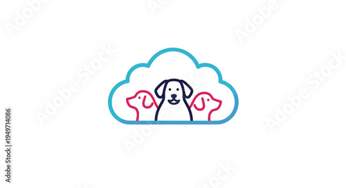Simple line art of three dog heads enclosed in a blue cloud-shaped outline for pet care or cloud storage logo concepts.