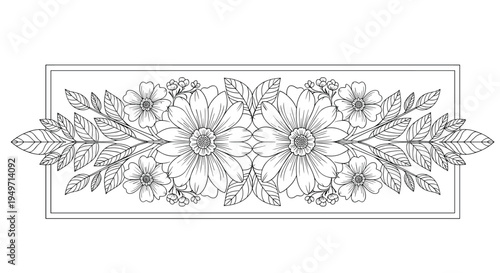 Horizontal line art illustration of a detailed floral arrangement within a rectangular frame for elegant coloring book designs.