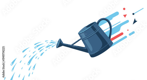 Dynamic illustration of a blue watering can pouring water with stylized motion lines representing gardening and growth.