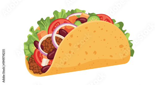 Delicious mexican taco illustration with fresh lettuce, tomatoes, red onion rings, meat, and beans in a crisp yellow tortilla shell on white.