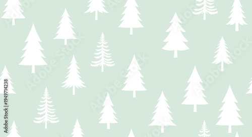Seamless winter forest pattern featuring white silhouettes of pine trees and firs on a light sage green background for seasonal holiday design.