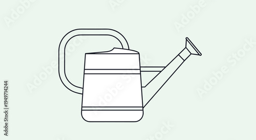 Simple line art illustration of a classic gardening watering can with a long spout and handle on a pale green background for outdoor hobby themes.