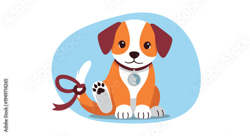 Cute orange and white puppy character sitting down with a dark red bow tied around its tail and a star medal on its collar in a blue circle frame.