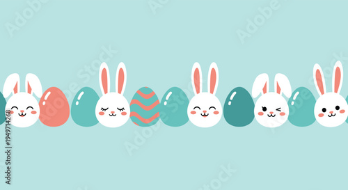 Colorful Easter banner with cute white bunnies and patterned eggs in various shades of teal and salmon on a light blue background for holiday fun.