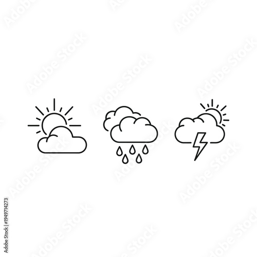 This vector illustration set featuring weather forecast icons includes a professional design of sun, cloud, rain, and snow symbols for meteorology and climate tracking in the sky