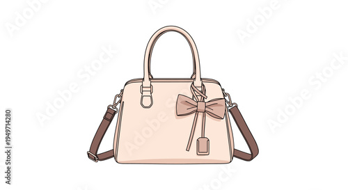 Fashionable peach colored women handbag with dark brown straps and a decorative bow charm on a clean white background for retail display stores.