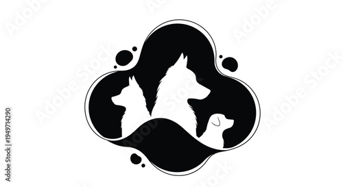 Stylized silhouette illustration of three dogs including a husky and two other breeds inside a decorative black frame for pet store branding use.