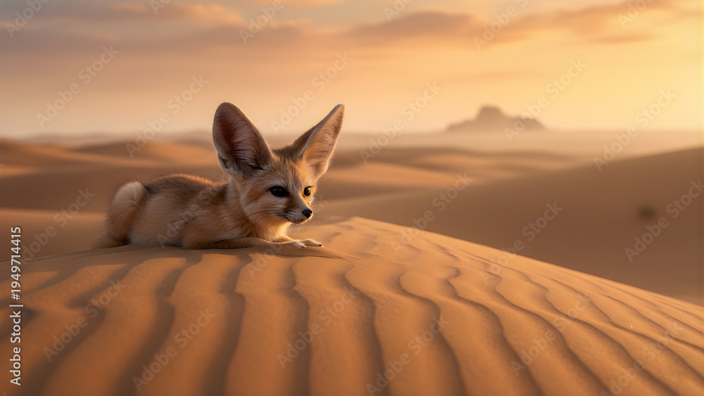 Fototapeta premium Fennec Fox in Desert Dunes Landscape.