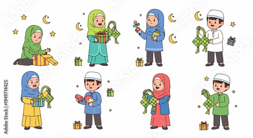 Cute Muslim children character set celebrating Eid al-Fitr with gifts and ketupat vector illustration for Islamic holiday designs.