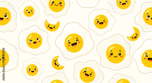 Fun seamless pattern of cute fried eggs and crescent moons with happy smiling faces on a light yellow background for nursery decor and kitchen.