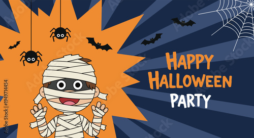 Spooky Halloween party poster featuring a cute mummy character with bats, spiders, and webs on a dark blue and orange burst background layout.