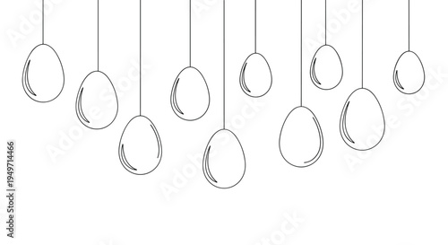 Minimalist line art illustration of several egg outlines hanging from strings at different heights on a clean white background for Easter decor.