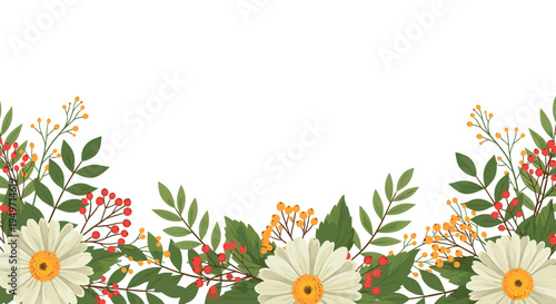 Beautiful floral border composed of white daisies, green leaves, and clusters of red and orange berries isolated on a clean white background.