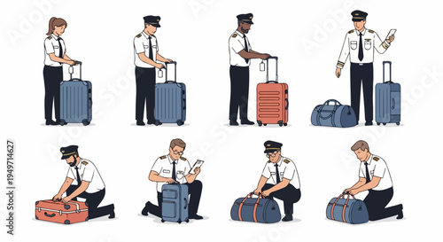 Collection of diverse airline pilots in uniform preparing their luggage and suitcases for travel, featuring male and female aviators in different poses.