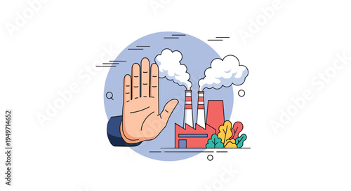 Human hand making a stop gesture in front of a smoking factory building to represent environmental protection and the fight against pollution.