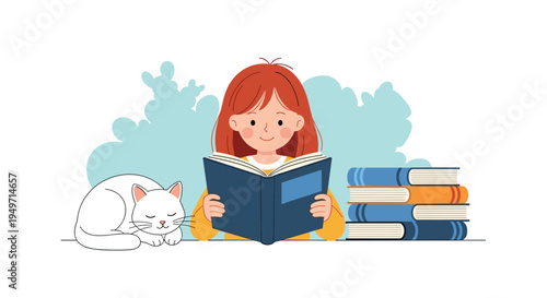 Little girl with red hair happily reading a large book while a white cat sleeps beside her next to a stack of books in a cozy setting.