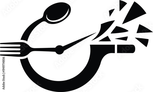 Black silhouette of broken clock made from kitchen utensils  fork spoon and knife