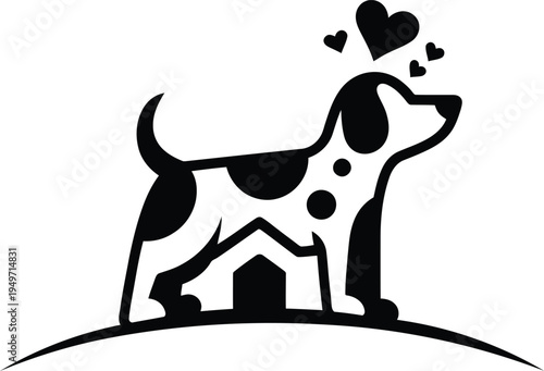 Black silhouette of dog standing on hill with hearts  dog house