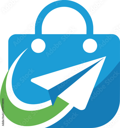 Blue shopping bag with smiling face and paper airplane icon