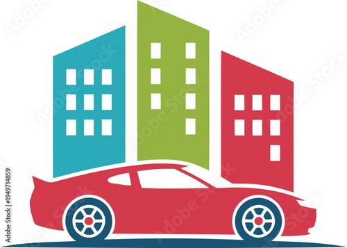 Colorful cityscape with a red sports car and tall buildings  urban landscape scene