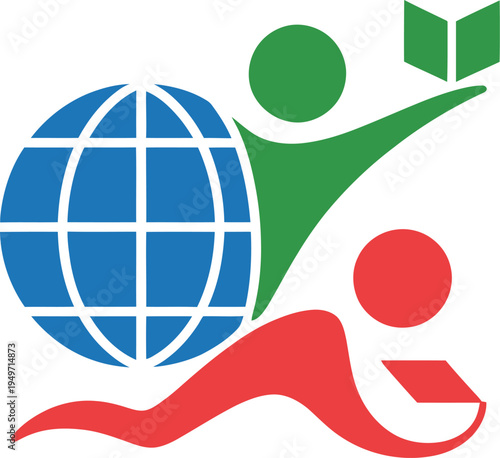 Colorful illustration of people and globe with book symbol  education and teamwork concept