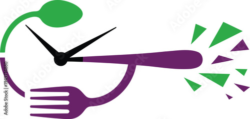 Colorful graphic illustration of a clock with fork and spoon handles  time to eat concept
