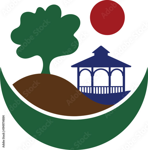 Graphic illustration of tree on hill with gazebo and sun