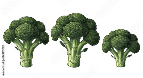 Set of three detailed broccoli stalks in different sizes, showing realistic textures and dark green florets on a clean white background.