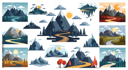 Comprehensive collection of mountain landscape scenes and icons featuring various terrains, paths, suns, and seasons for travel designs.