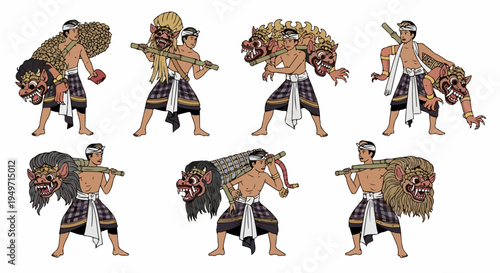 Set of cartoon illustrations featuring Balinese men in traditional attire carrying various Barong masks and ceremonial figures on bamboo poles.
