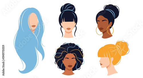Diverse collection of five female portraits featuring various skin tones, modern hairstyles, and fashionable accessories in a flat art style.
