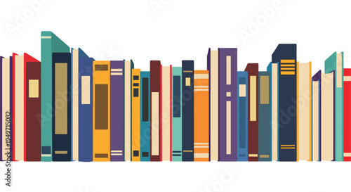 Bookshelf filled with a variety of colorful book spines in a flat design style, representing education and knowledge.