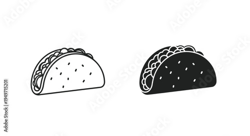 Minimalist black and white icons showing two versions of a taco, one outlined and one filled, on a clean white background.