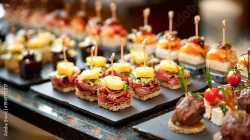 Assortment of savory finger food bites serving at a party buffet