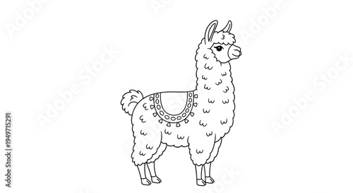 Elegant line art illustration of a llama wearing a decorative saddle and accessories, perfect for coloring activities.