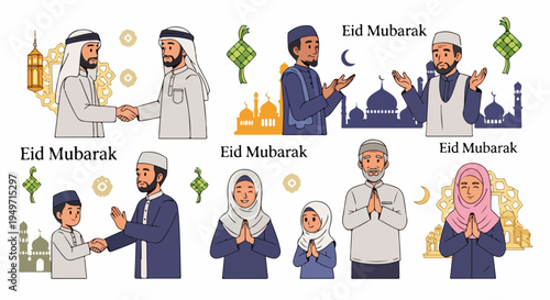Cartoon set of Muslim families and individuals celebrating Eid Mubarak with traditional greetings, prayers, and iconic Islamic symbols on a white background.