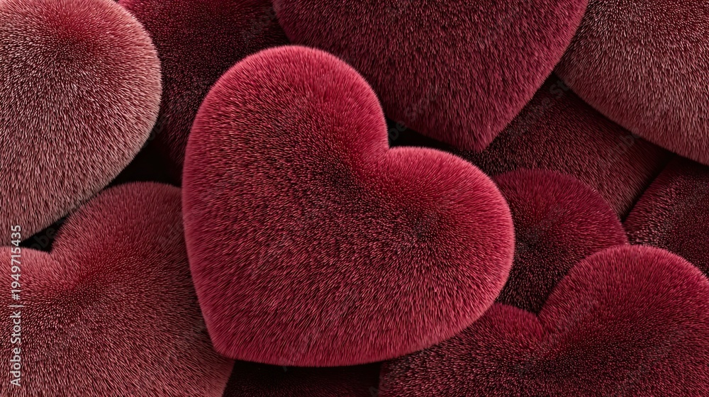 Obraz premium Red fluffy heart shapes densely packed together, creating a vibrant and textured background suitable for various romantic and festive themes