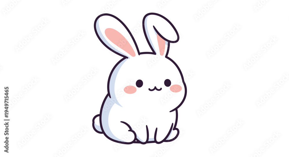 Fototapeta premium Cute white rabbit character with pink ears and rosy cheeks sits in a simple pose on a clean white background.