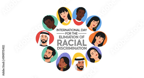 Illustration of diverse people supporting International Day for the Elimination of Racial Discrimination with a colorful design on a white background.