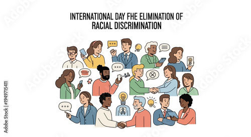 Illustration of diverse people from different races and cultures coming together in unity and solidarity on International Day for the Elimination of Racial Discrimination with a colorful
